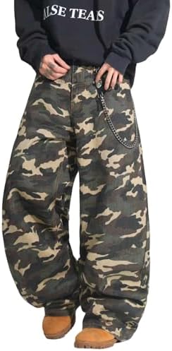 Mens Streetwear Hip Hop Baggy Jeans Wide Leg Y2k Skater Denim in Camo