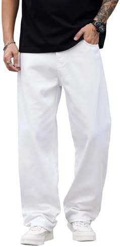 Mens Vintage Baggy Jeans Wide Leg Loose Fit Pants in White