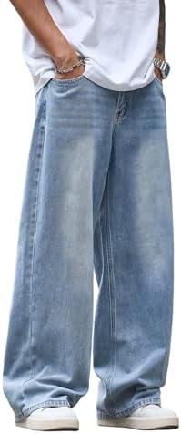 Mens Wide Leg Baggy Jeans Y2k Casual Loose Denim Pants in Light Blue