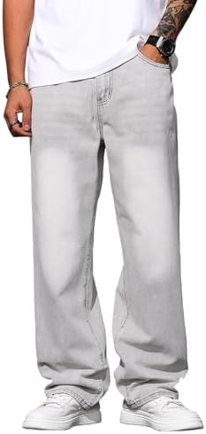 Mens Wide Leg Baggy Jeans Y2k Casual Loose Denim Pants in Light Grey