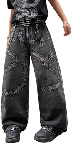 Mens Wide Leg Embroidered Y2K Loose Fit Baggy Jeans