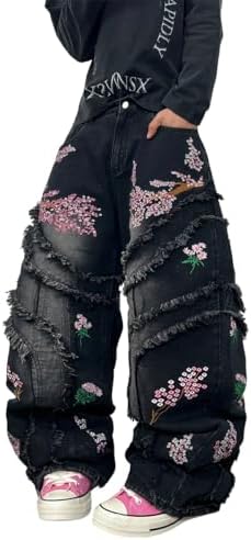 Mens Wide Leg Floral Embroidery Loose Fit Baggy Jeans