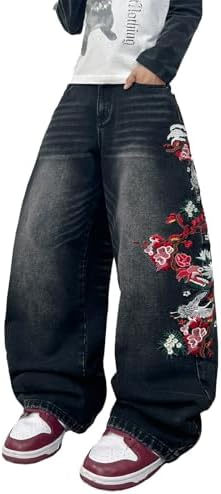 Mens Wide Leg Floral Embroidery Y2K Baggy Jeans