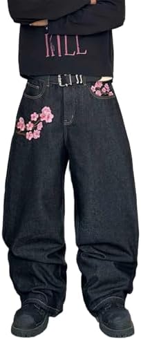 Mens Wide Leg Floral Embroidery Y2K Baggy Jeans