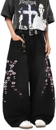 Mens Wide Leg Floral Embroidery Y2K Baggy Jeans