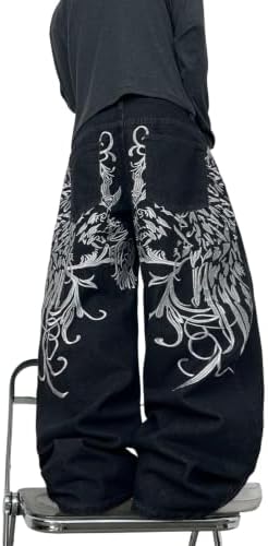 Mens Wide Leg Graphic Embroidery Y2K Baggy Jeans in Black Grey