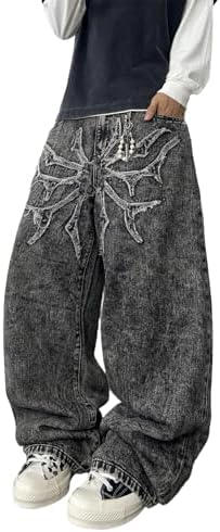 Mens Wide Leg Patchwork Embroidered Y2K Baggy Jeans in Black