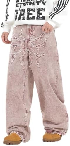 Mens Wide Leg Patchwork Embroidered Y2K Baggy Jeans