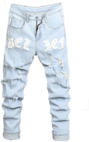 Mens Womens Lightweight Slim Fit Stretch Ripped Jeans Summer in Blue
