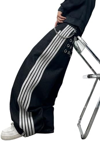 Stripe Men Baggy Jeans Wide Leg Denim Pants in Black