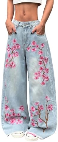 Womens Floral Embroider Baggy Jeans Wide Leg Denim Pants